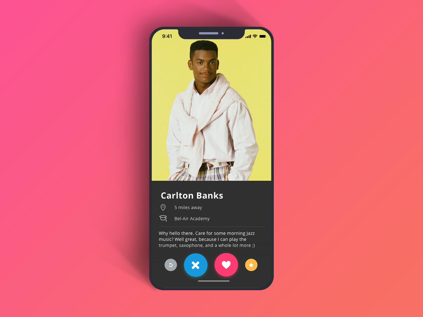 tinder iphone mockup for user profile for Carlton Banks from Fresh Prince of Bel Air for design challenge 006