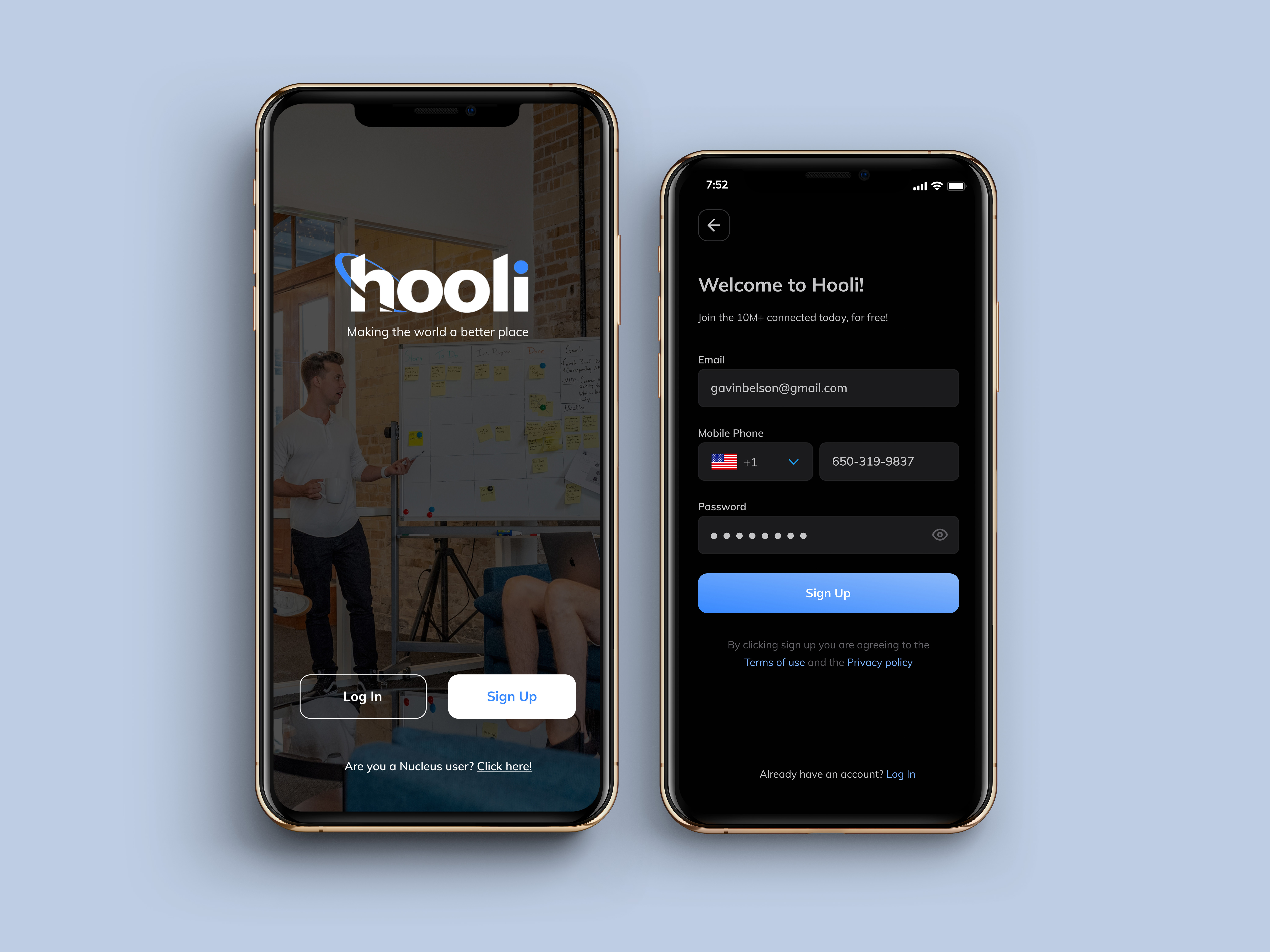 iphone mockup of hooli's sign up page for design challenge 001