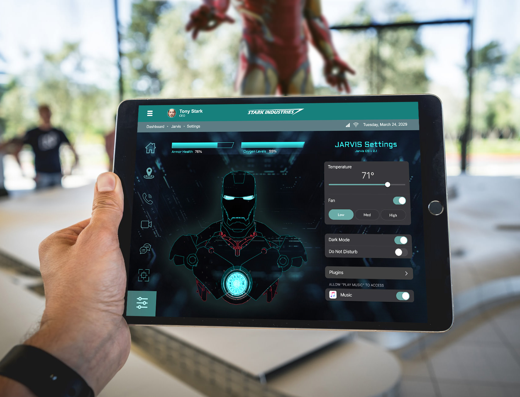 tablet mockup of settings page for stark industries and Ironman for design challenge 007