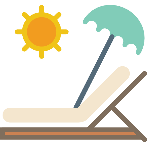 flat illustration of beach chair, umbrella, and sun