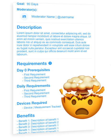 blue and white monotone wireframe of challenge page with emoji of mind blown