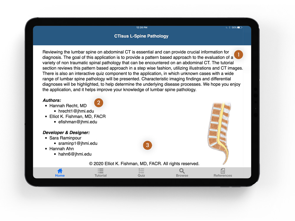 ctisus l-spine pathology app's old home page on an ipad with lots of text, credits