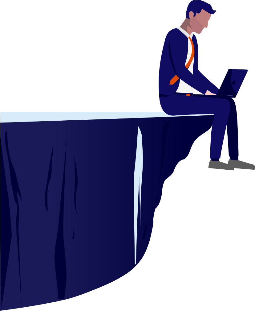 illustration of a man wearing a suit on a cliff working on his laptop