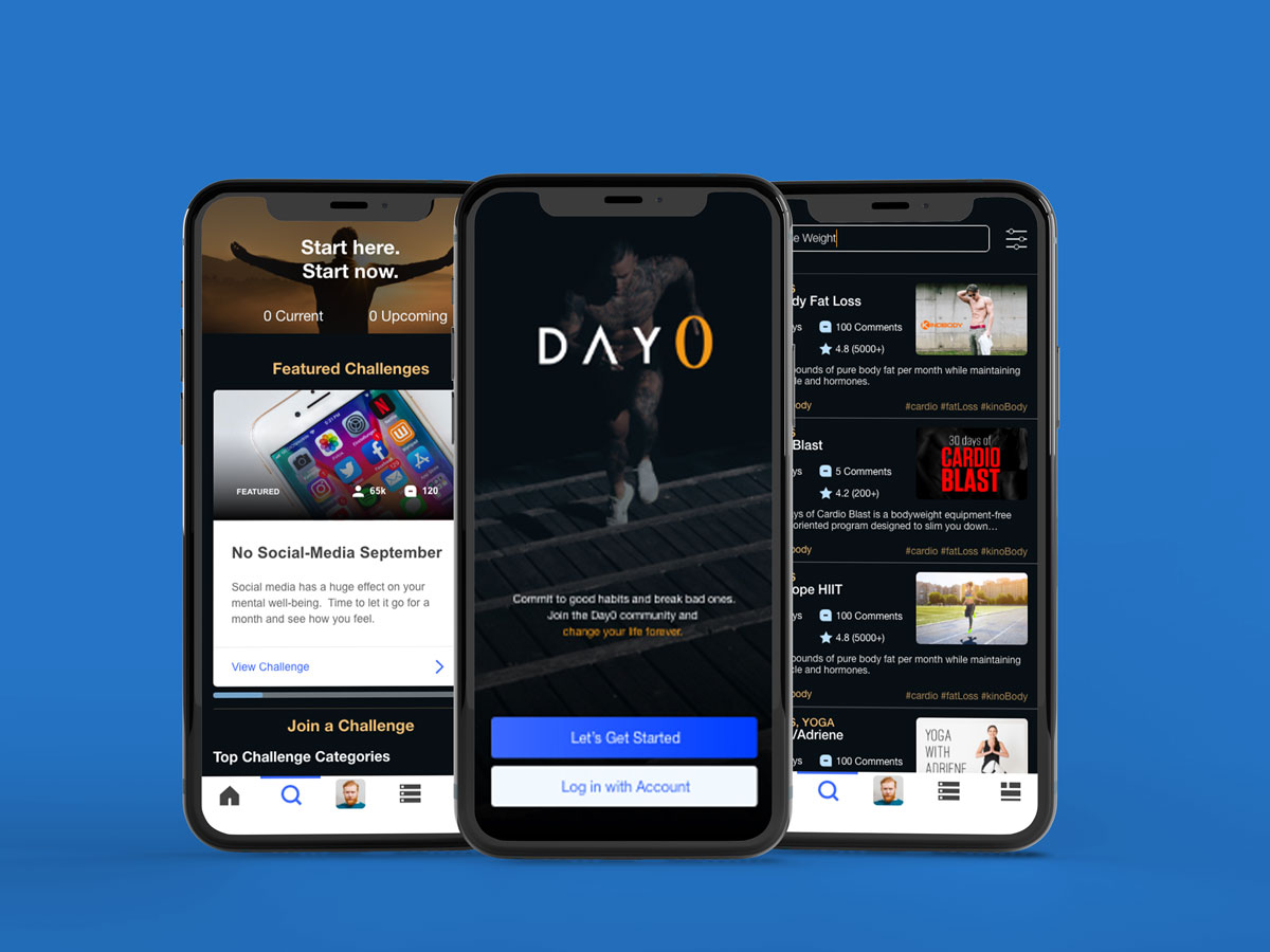 a mockup of three iphones displaying the Day 0 mobile app